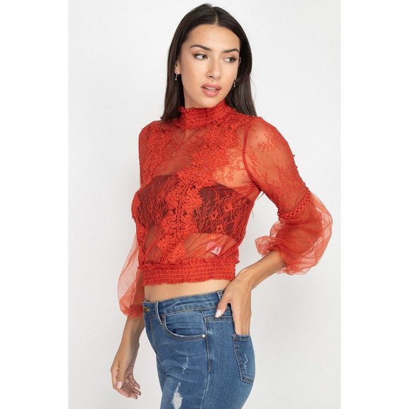 Lace Trim Balloon Sleeve Smocked Top - Picture 3 of 8